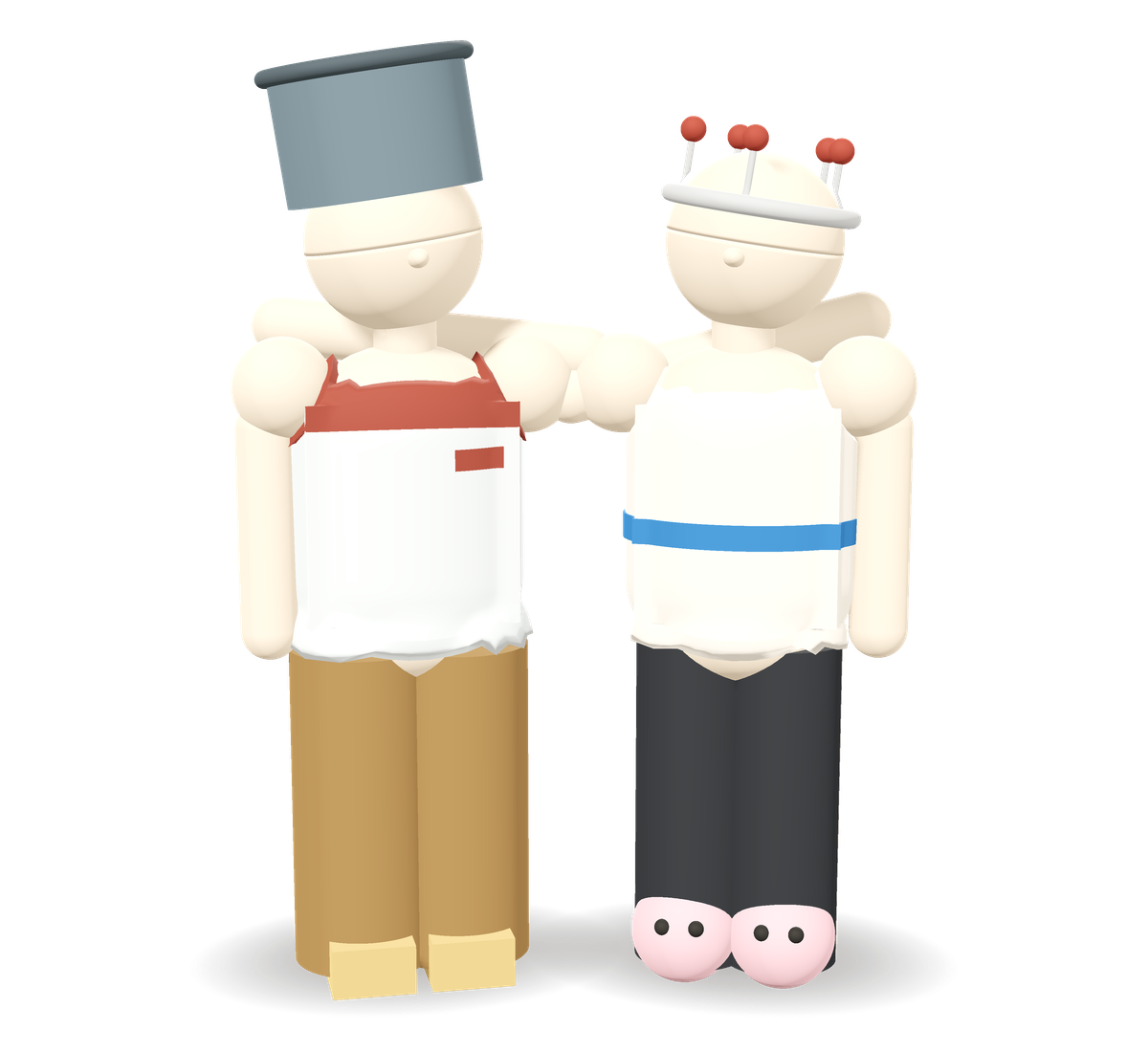 Two finkers side by side, heads tilted together, each with an arm round the other's shoulders