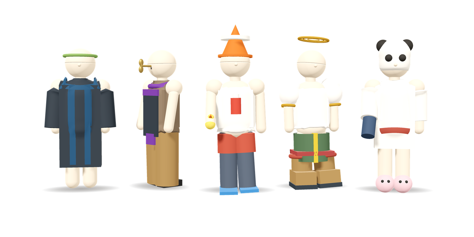Five finkers in a row in different clothes: a house gown and laurel, a debate hood, a traffic cone with a rubber duck, a brass halo with puffed sleeves and a kilt, a panda head with a bathrobe and slippers