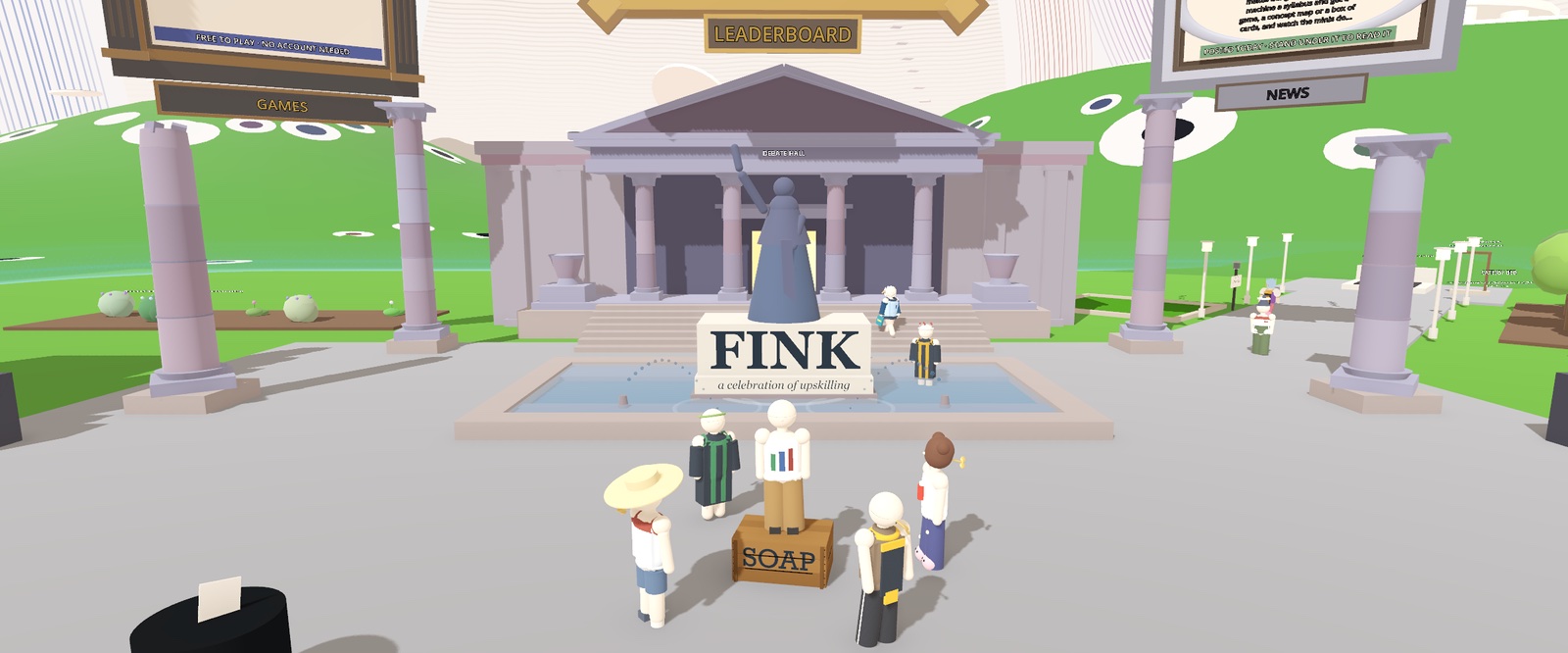 The plaza in Fink: the Debate Hall with its orator in the pool, someone talking on the soapbox in the middle to a few people gathered round, three boards hanging overhead; as the film runs, more people walk in from the halls and the streets until the square is full