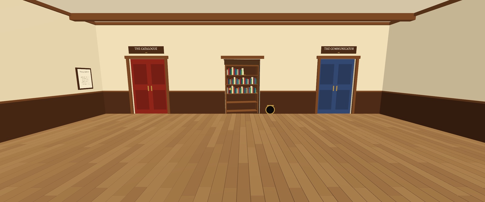 An example student's study in the Fink app, filling up: it begins as a desk under a window onto hills, and as the film runs a clock, the counter, a board of slips, a pin board, an armchair, four bookcases of books and the lead arrive
