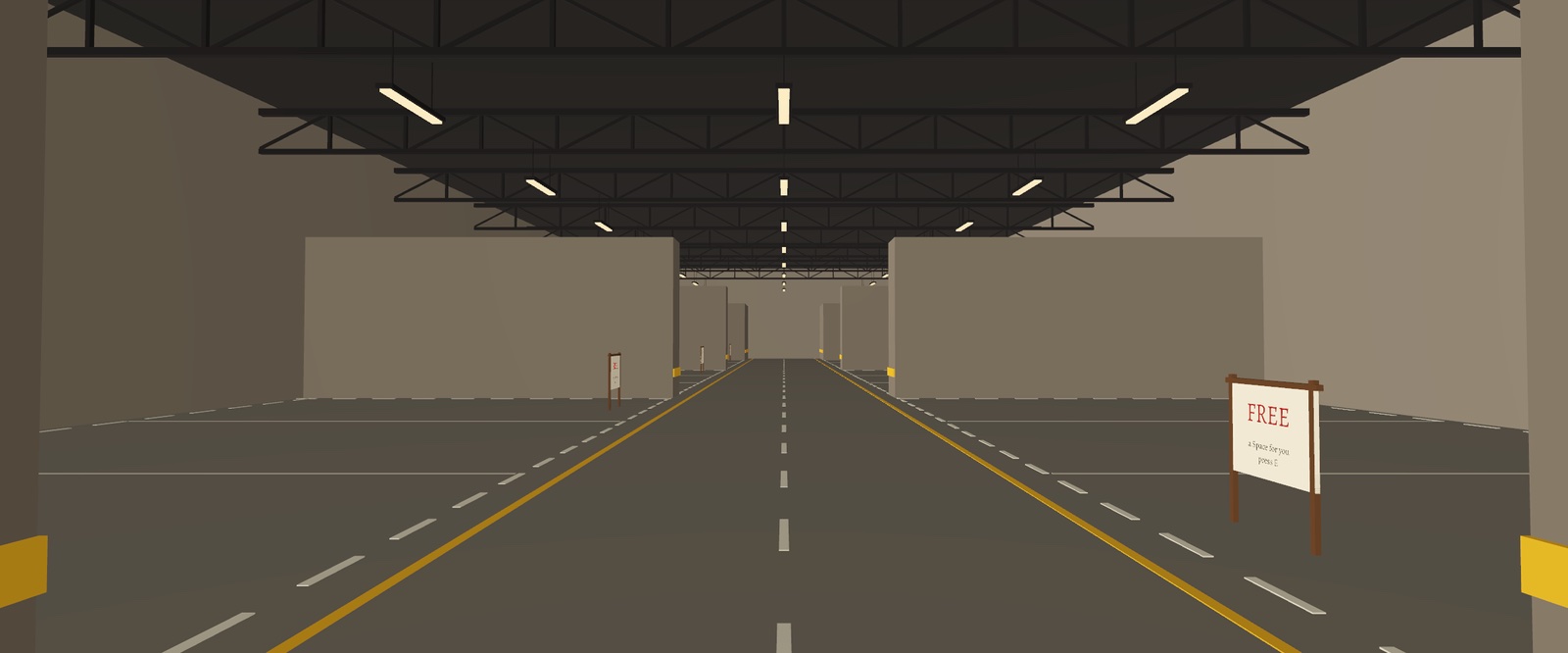 The Underground in Fink: an aisle of Spaces under steel trusses, each front its owner's own colours and lettering, a yellow line down the road