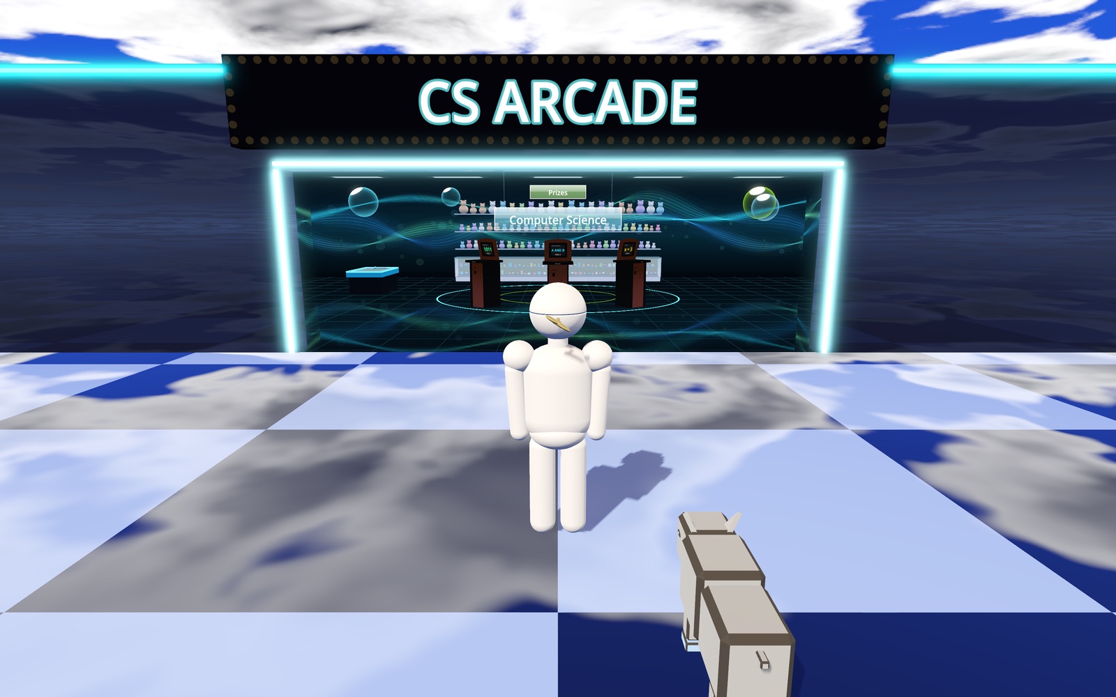 The CS Arcade: a glass box glowing under a cloud sky, on a mirror floor