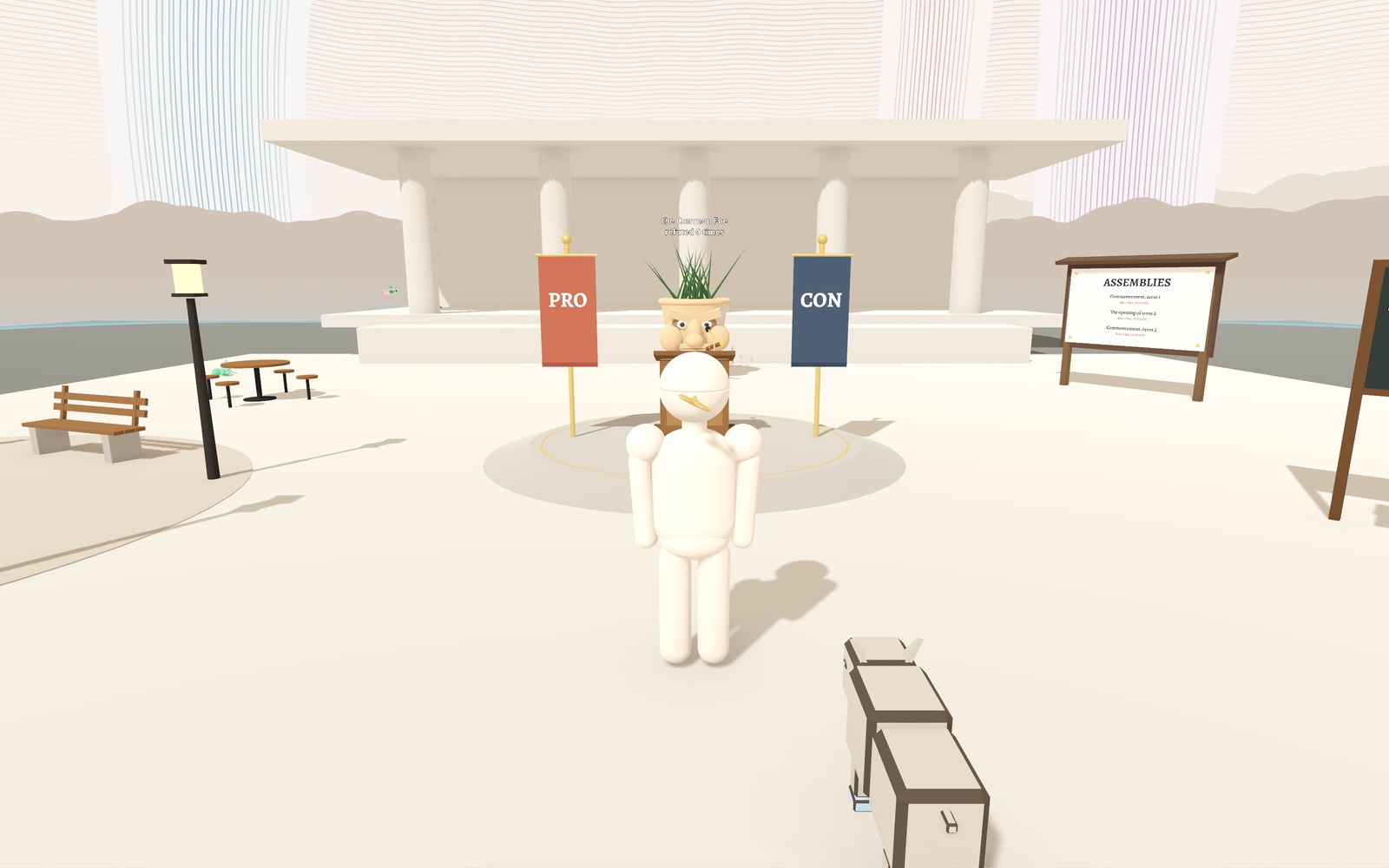Inside the Debate Hall: the podium, PRO and CON banners, benches