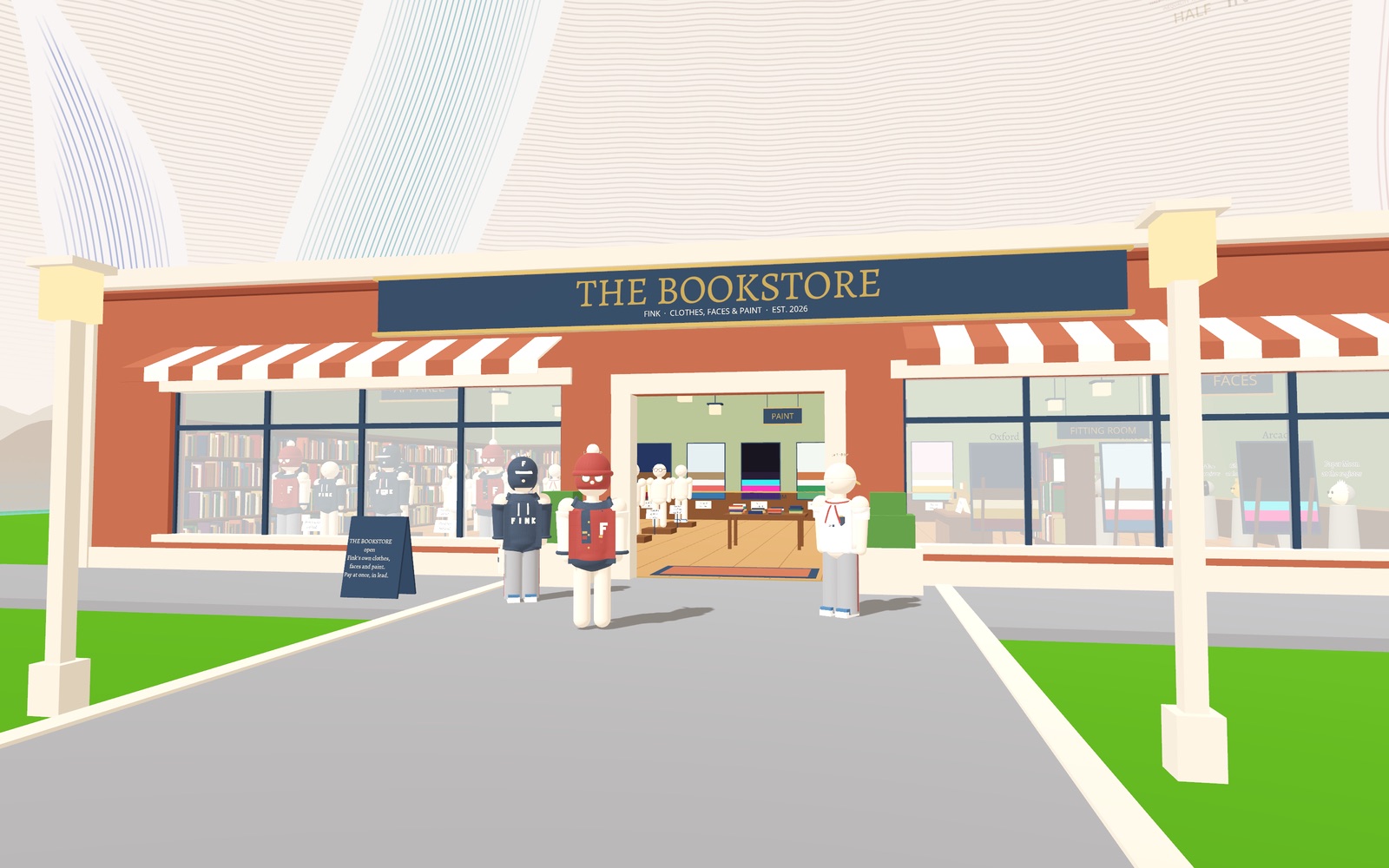 The Bookstore outside the city wall: a brick shop front with striped awnings, three finkers outside in Fink's hoodie, varsity jacket and crest tee