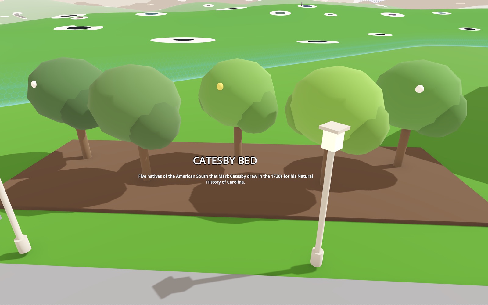 The Catesby bed in the gardens: round trees on a bed of earth, a lamp post