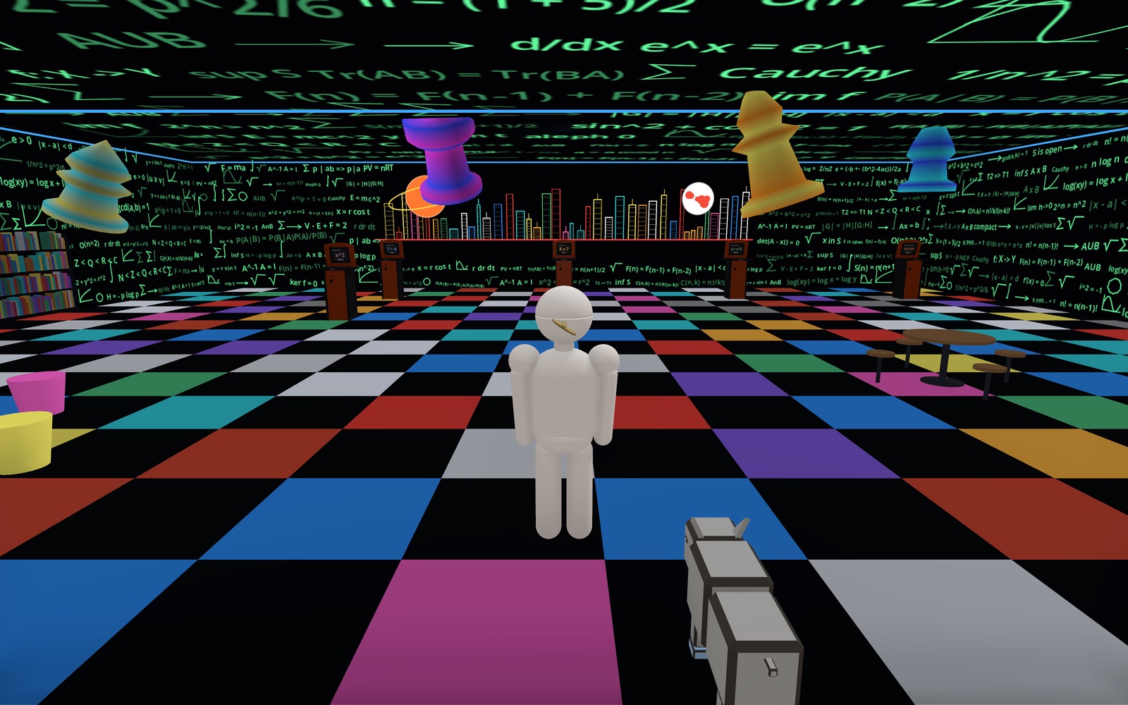 Inside the Math Yard: a colour checkerboard floor under glowing handwritten mathematics