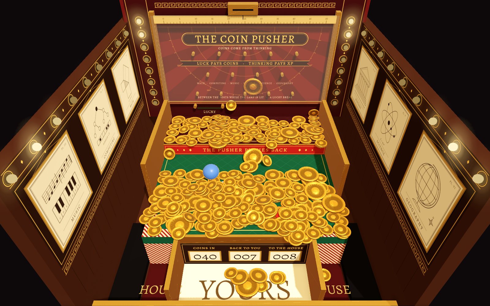 The Coin Pusher in the Fink app: the real machine under its cabinet's lights, the subject plates down both sides, every coin a body of its own