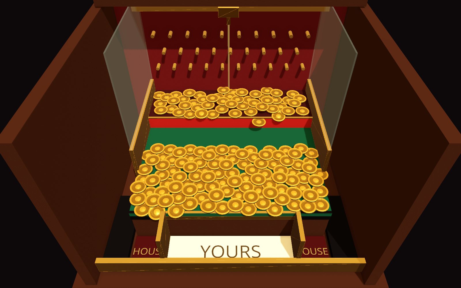 The Coin Pusher in a browser: the machine as a browser draws it, a bed of gold coins behind glass, a capsule and a chip on the pile