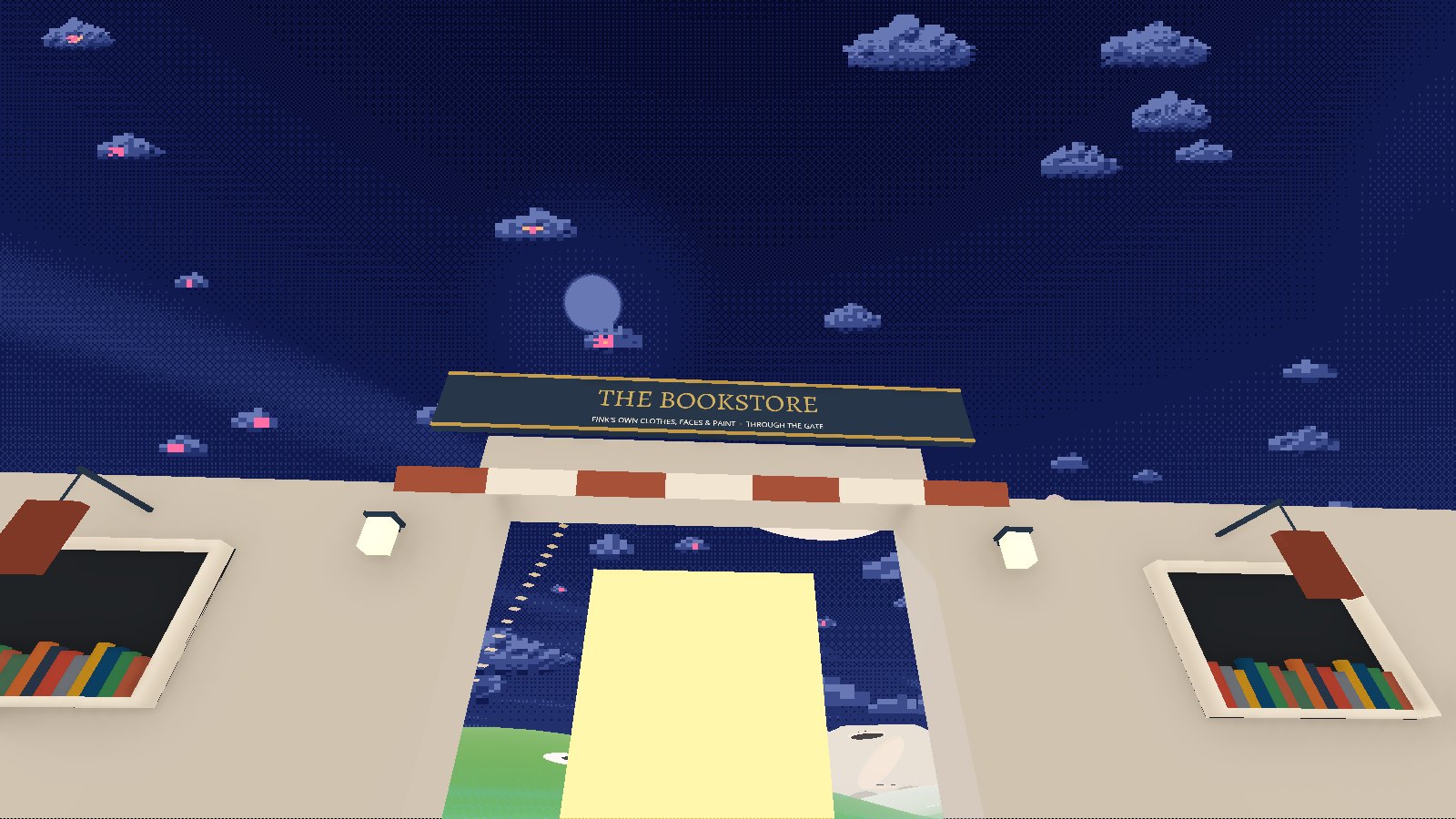 Night over the city by the Bookstore's gate: a dark blue sky of dithered clouds, some with a lit pink window, and the moon