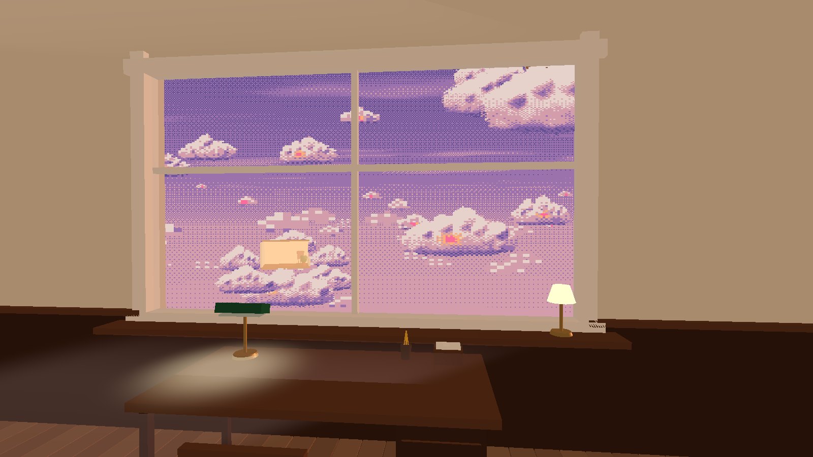 Looking out of a study's window at dusk: lilac sky, dithered clouds with small warm windows, a little room on a cloud, a lamp lit on the sill
