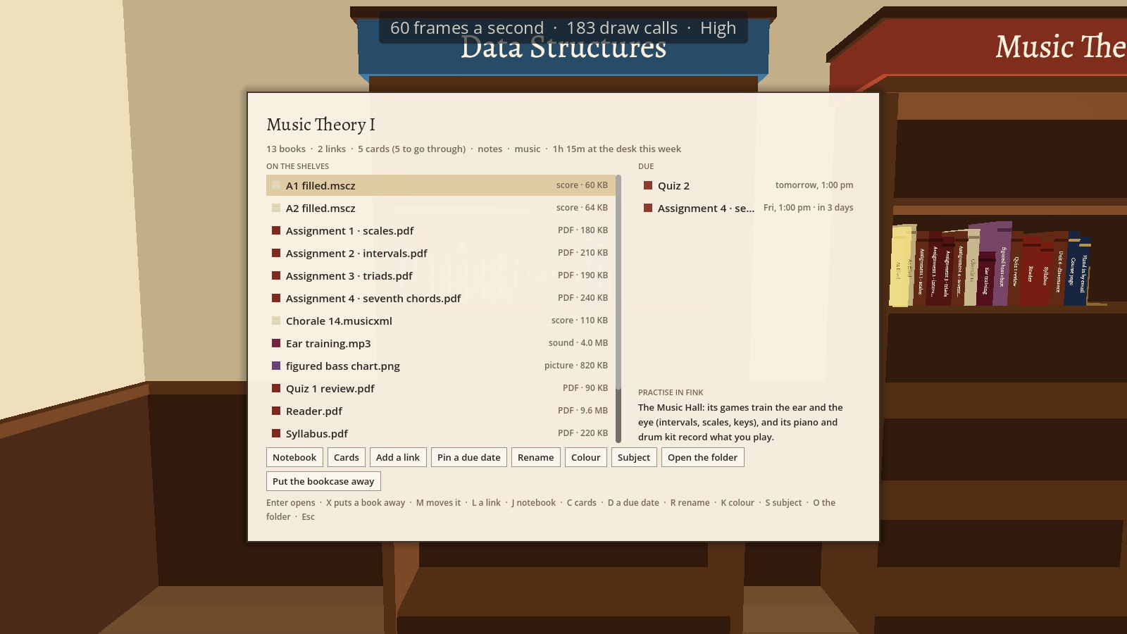 A class's page in the study: its books, links, what's due, cards and notes on one paper sheet