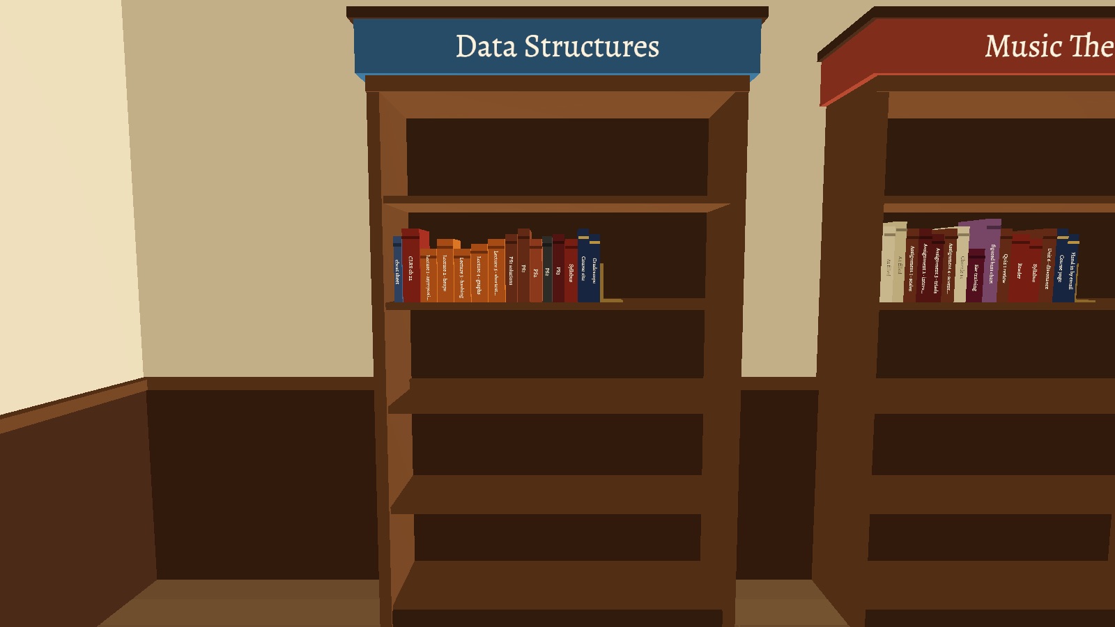 A bookcase in the study, its class's name on the crown, books of different thicknesses along its shelves