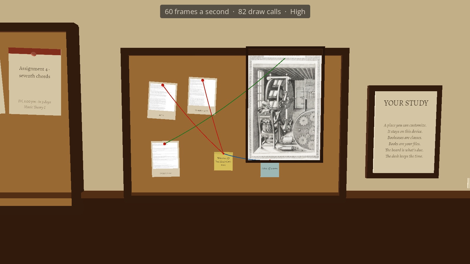 The study's wall: a pinboard of papers tied with string, an engraving, a wall clock
